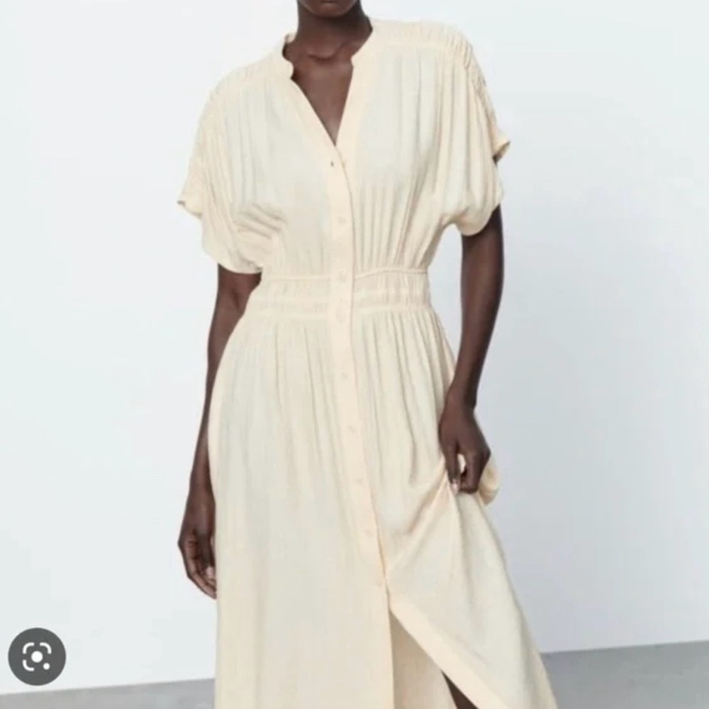 Zara Wrinkle Look Rustic Midi Dress - Ecru - size xl